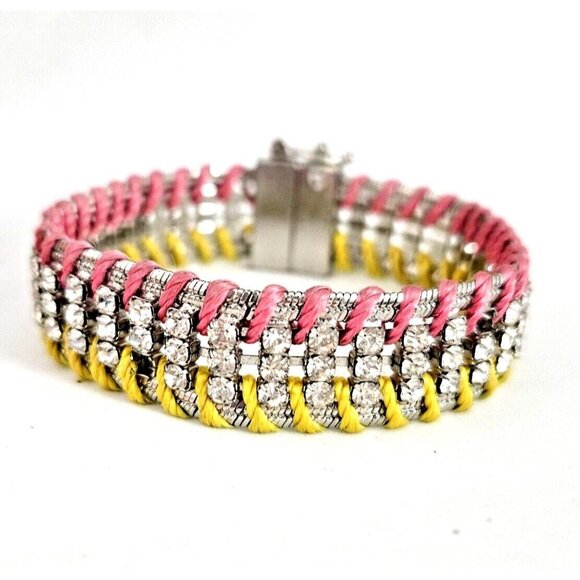 Ann Taylor Loft Silver Tone Barbie Pink & Yellow Rhinestone Inlay Bracelet - Picture 1 of 4